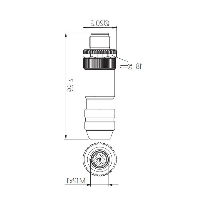 M12 4Pin、D-coded、公头直型、螺钉连接、金属屏蔽、0CF081