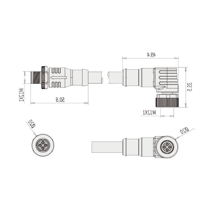 M12 4Pin S-coded、母头90°转公头直型、双端预铸PVC非柔性电缆、黄色护套、64SD43-XXX